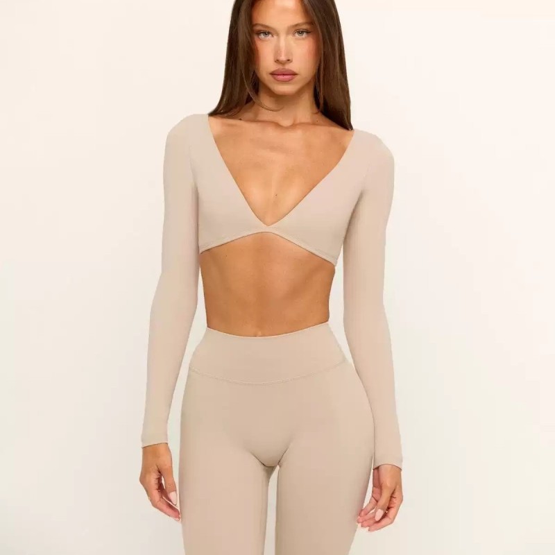 European and American Long-Sleeved V Neck Yoga Suit with Breast Pads for Women, Quick-Drying Breathable Fitness Clothes, Casual Running Sports Pants