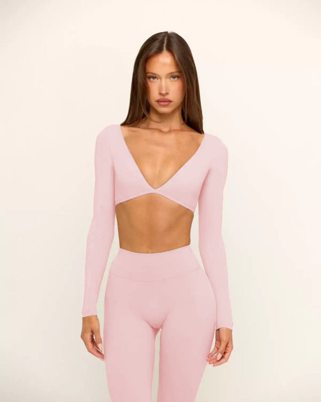 European and American Long-Sleeved V Neck Yoga Suit with Breast Pads for Women, Quick-Drying Breathable Fitness Clothes, Casual Running Sports Pants