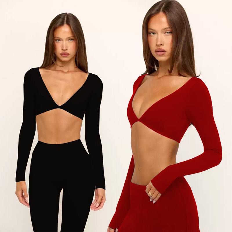 European and American Long-Sleeved V Neck Yoga Suit with Breast Pads for Women, Quick-Drying Breathable Fitness Clothes, Casual Running Sports Pants