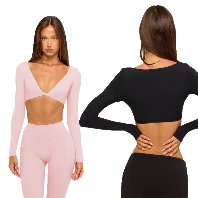 European and American Long-Sleeved V Neck Yoga Suit with Breast Pads for Women, Quick-Drying Breathable Fitness Clothes, Casual Running Sports Pants