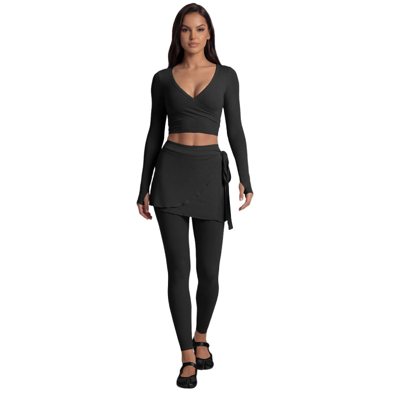 Cross-border long-sleeved yoga top with front cross-strap, ballet style, sports fitness long-sleeved set