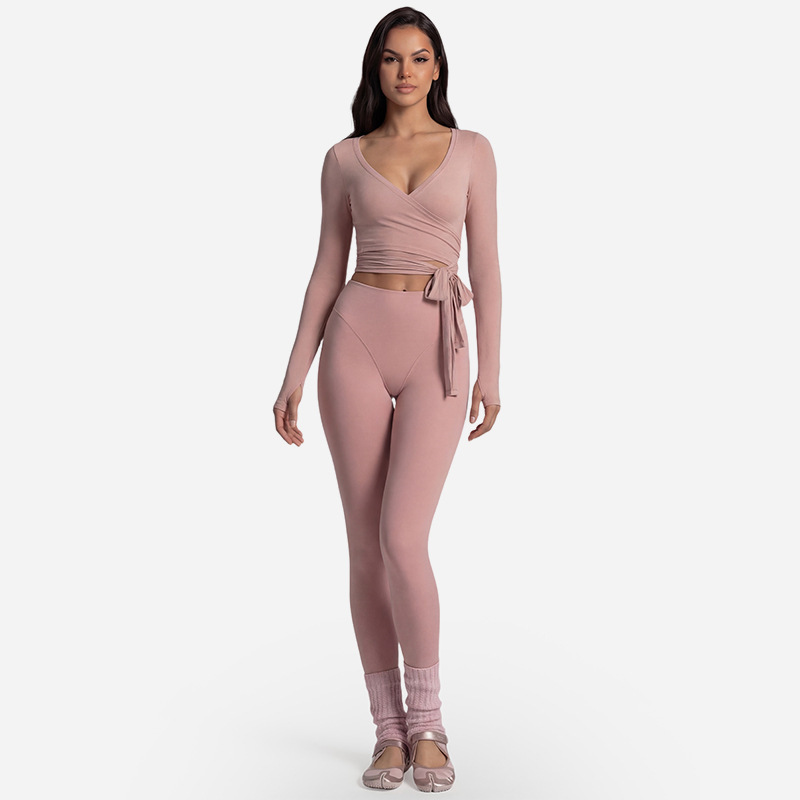 Cross-border long-sleeved yoga top with front cross-strap, ballet style, sports fitness long-sleeved set