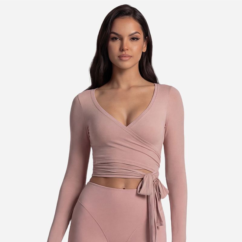 Cross-border long-sleeved yoga top with front cross-strap, ballet style, sports fitness long-sleeved set