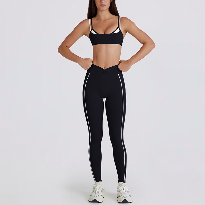 Cross-border color-blocked white striped faux two-piece running pants/shorts with a twisted halter neck sports bra/yoga outfit for women