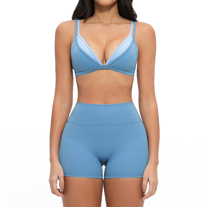 Cross-border nude triangle cup bra, thin autumn style, wire-free sports set, beautiful back, thin shoulder strap fitness set 6116