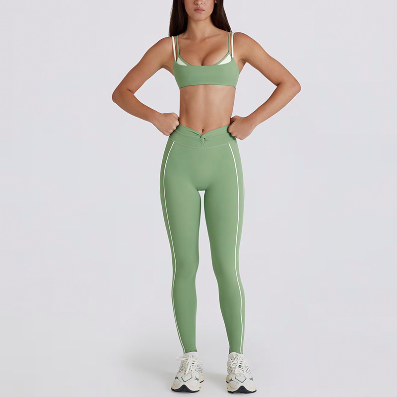 Cross-border color-blocked white striped faux two-piece running pants/shorts with a twisted halter neck sports bra/yoga outfit for women