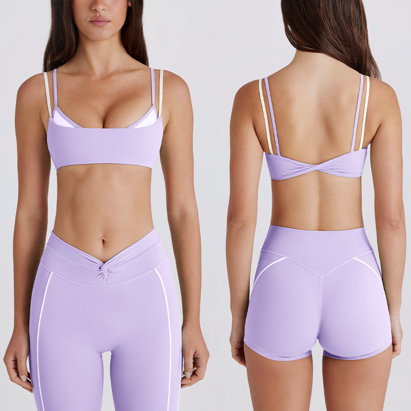 Cross-border color-blocked white striped faux two-piece running pants/shorts with a twisted halter neck sports bra/yoga outfit for women