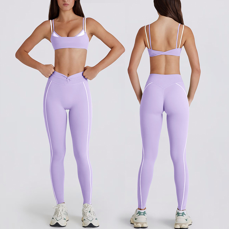 Cross-border color-blocked white striped faux two-piece running pants/shorts with a twisted halter neck sports bra/yoga outfit for women