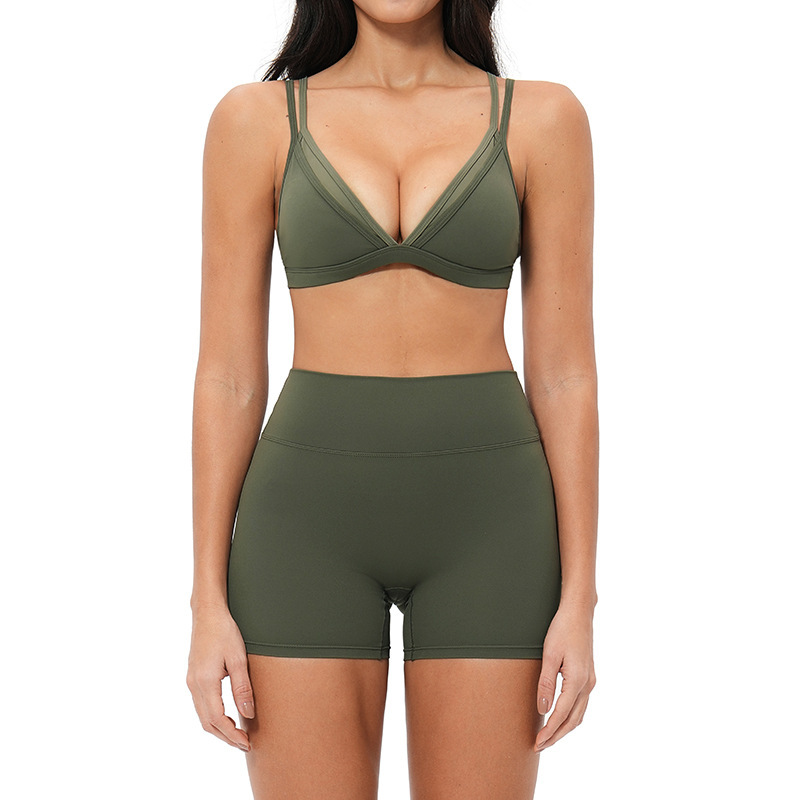 Cross-border nude triangle cup bra, thin autumn style, wire-free sports set, beautiful back, thin shoulder strap fitness set 6116