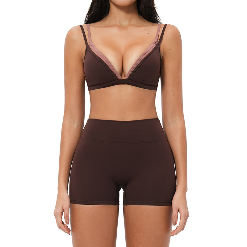 Cross-border nude triangle cup bra, thin autumn style, wire-free sports set, beautiful back, thin shoulder strap fitness set 6116