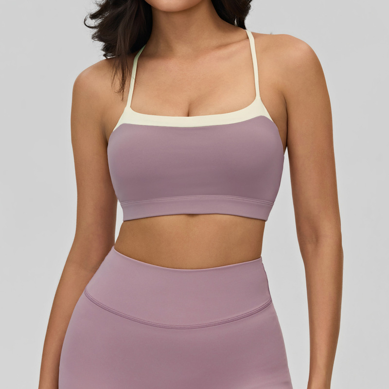 European and American style nude yoga lingerie for women, color-blocked crisscross thin straps, beautiful back, sports bra, suitable for inner or outer wear, fitness top.