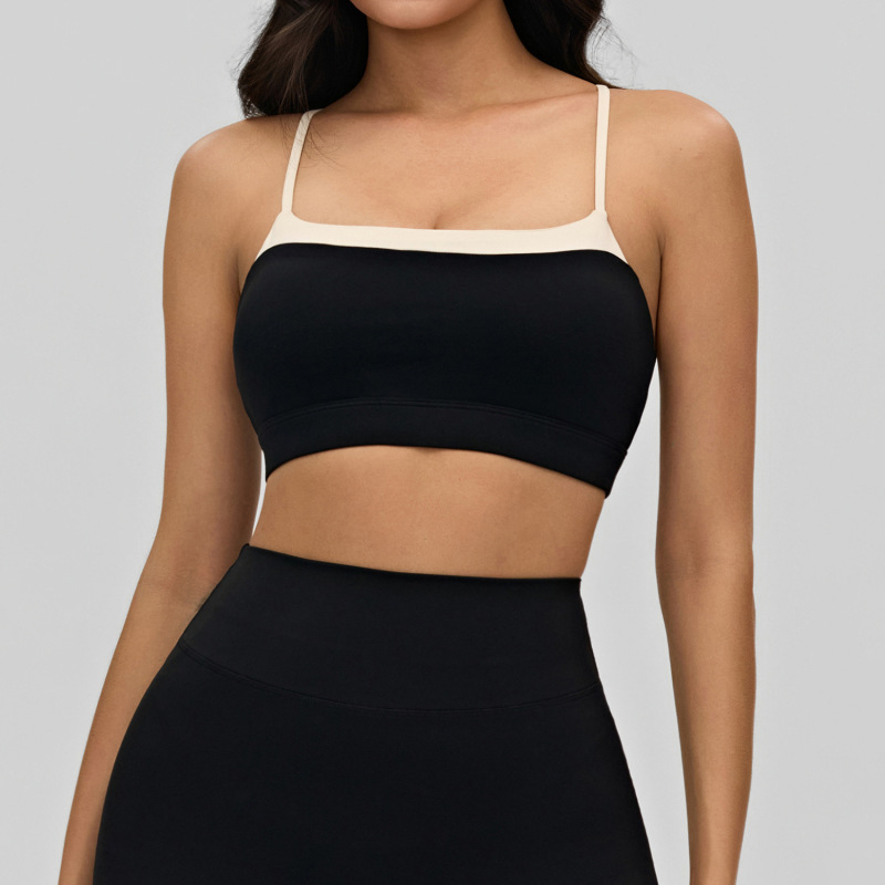 European and American style nude yoga lingerie for women, color-blocked crisscross thin straps, beautiful back, sports bra, suitable for inner or outer wear, fitness top.