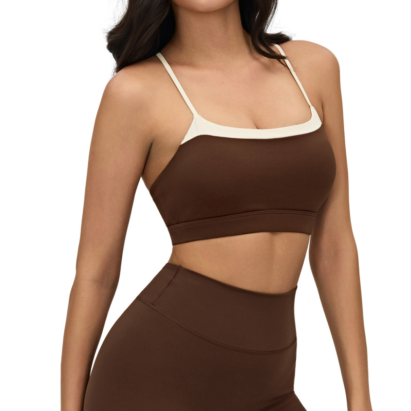European and American style nude yoga lingerie for women, color-blocked crisscross thin straps, beautiful back, sports bra, suitable for inner or outer wear, fitness top.