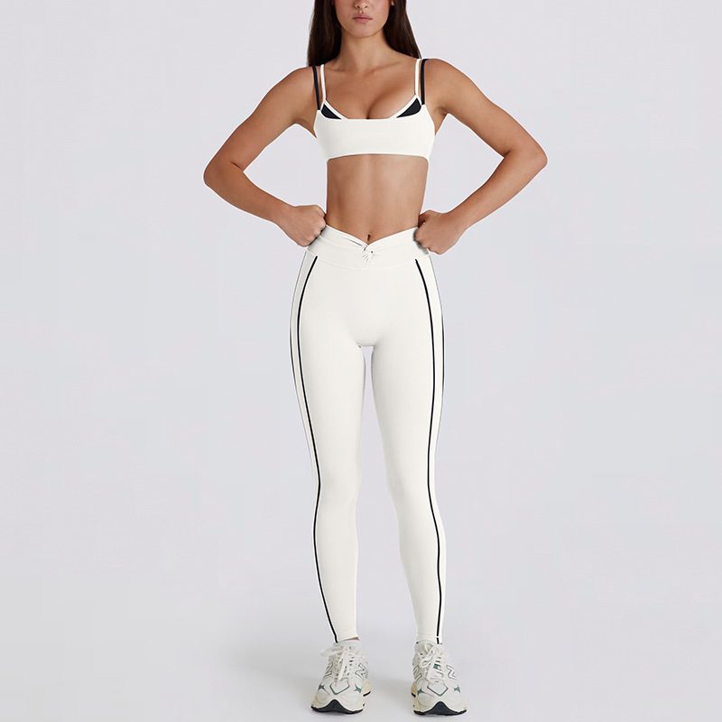 Cross-border color-blocked white striped faux two-piece running pants/shorts with a twisted halter neck sports bra/yoga outfit for women