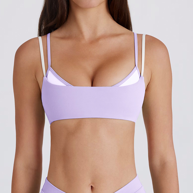Cross-border color-blocked white striped faux two-piece running pants/shorts with a twisted halter neck sports bra/yoga outfit for women