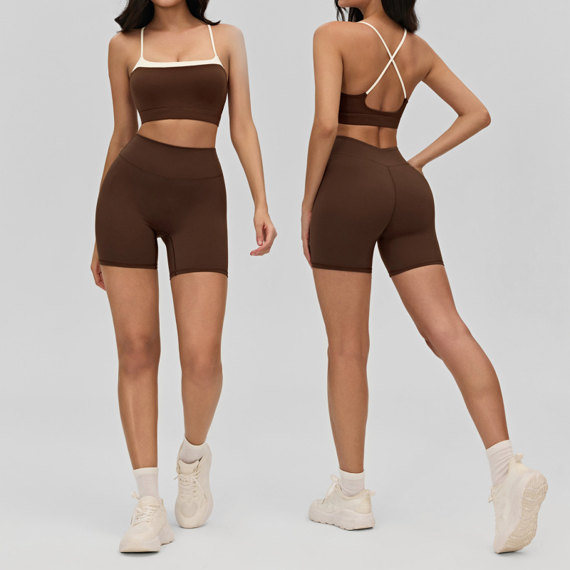 European and American style nude yoga lingerie for women, color-blocked crisscross thin straps, beautiful back, sports bra, suitable for inner or outer wear, fitness top.