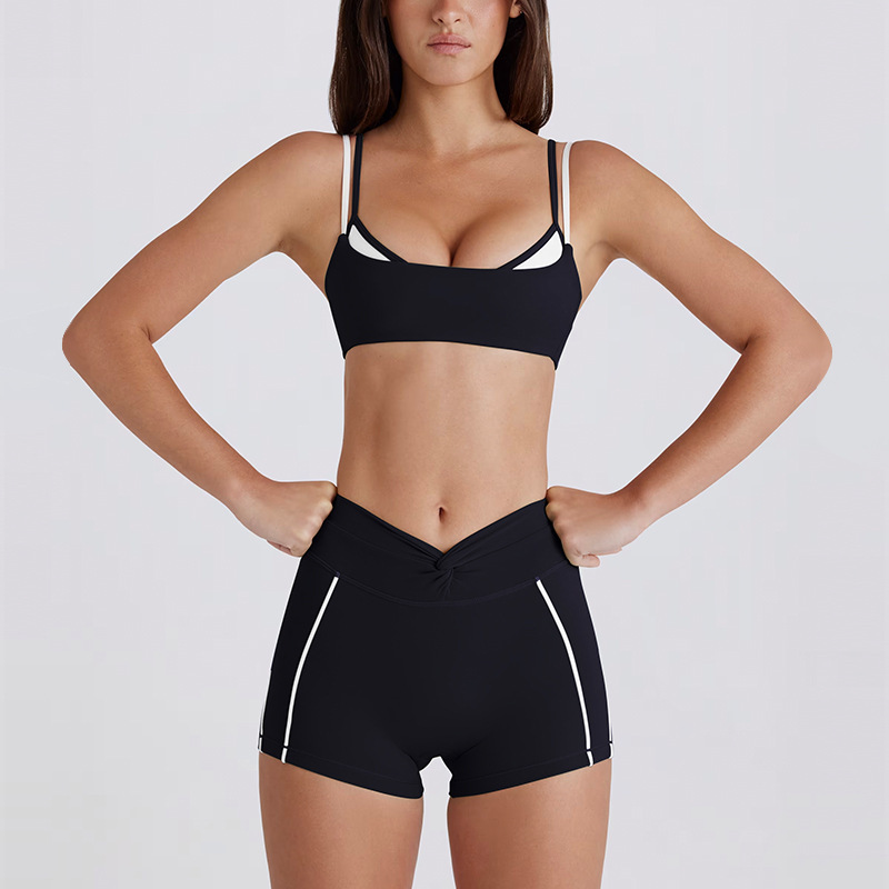 Cross-border color-blocked white striped faux two-piece running pants/shorts with a twisted halter neck sports bra/yoga outfit for women