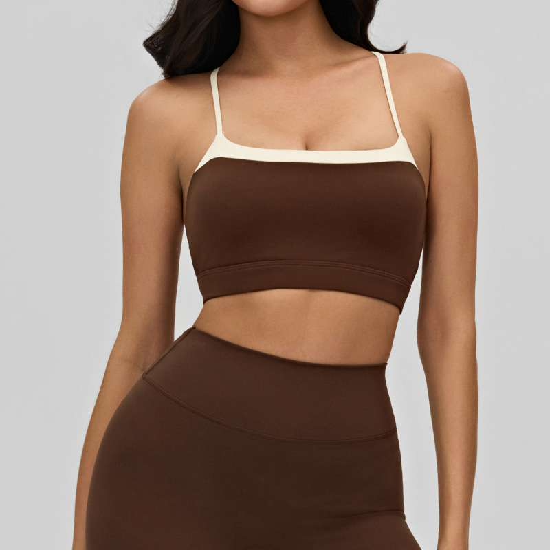 European and American style nude yoga lingerie for women, color-blocked crisscross thin straps, beautiful back, sports bra, suitable for inner or outer wear, fitness top.