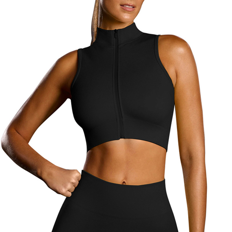 New cross-border style zip-up top for women, sexy style, running, shockproof sleeveless sports vest, breathable fitness wear wholesale