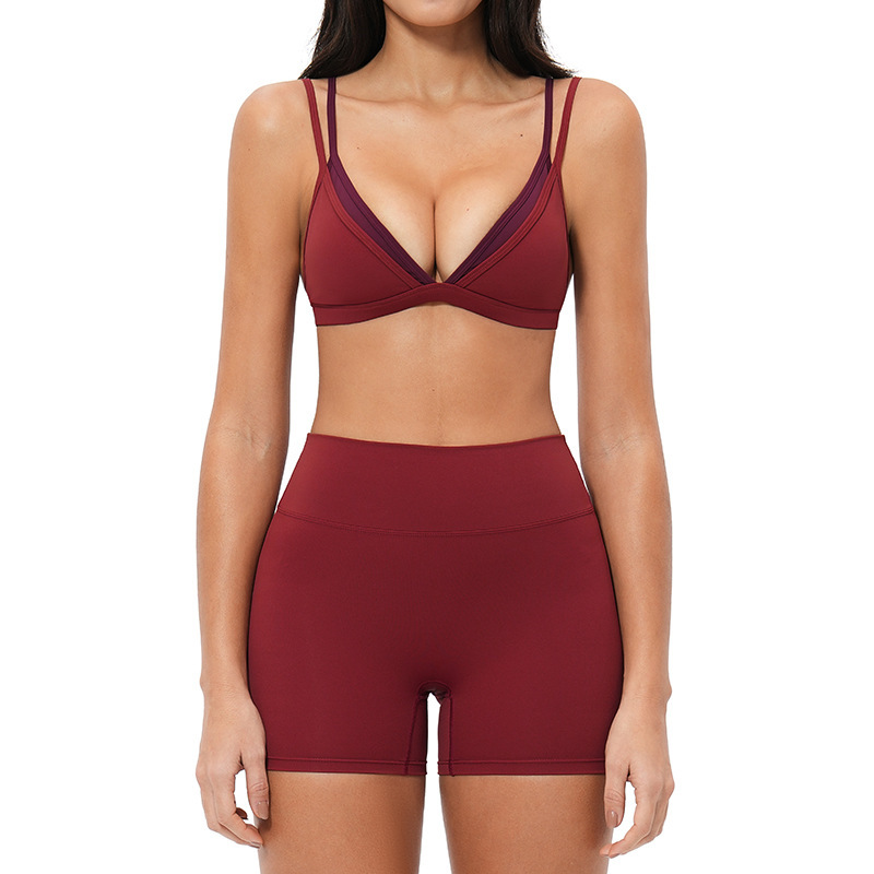 Cross-border nude triangle cup bra, thin autumn style, wire-free sports set, beautiful back, thin shoulder strap fitness set 6116