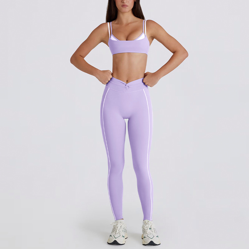 Cross-border color-blocked white striped faux two-piece running pants/shorts with a twisted halter neck sports bra/yoga outfit for women