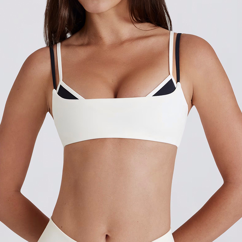 Cross-border color-blocked white striped faux two-piece running pants/shorts with a twisted halter neck sports bra/yoga outfit for women