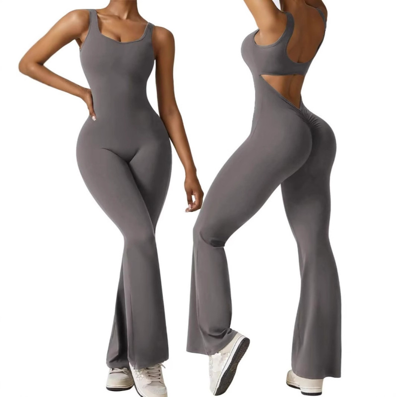 European and American cross-border women's sleeveless flared jumpsuit, sexy backless vest, tight-fitting hip-lifting yoga bodysuit