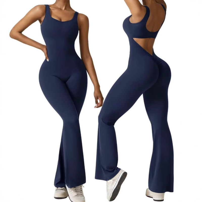 European and American cross-border women's sleeveless flared jumpsuit, sexy backless vest, tight-fitting hip-lifting yoga bodysuit