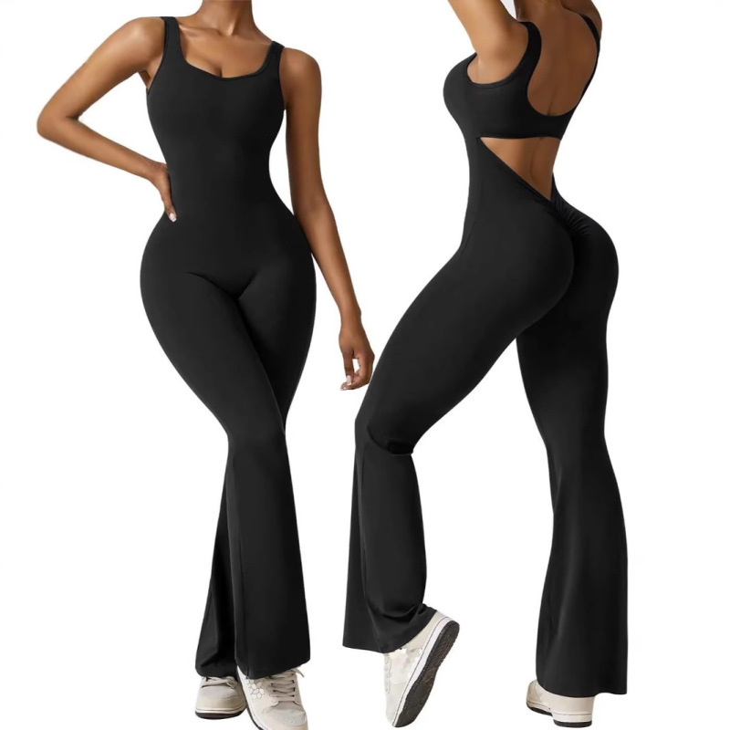 European and American cross-border women's sleeveless flared jumpsuit, sexy backless vest, tight-fitting hip-lifting yoga bodysuit
