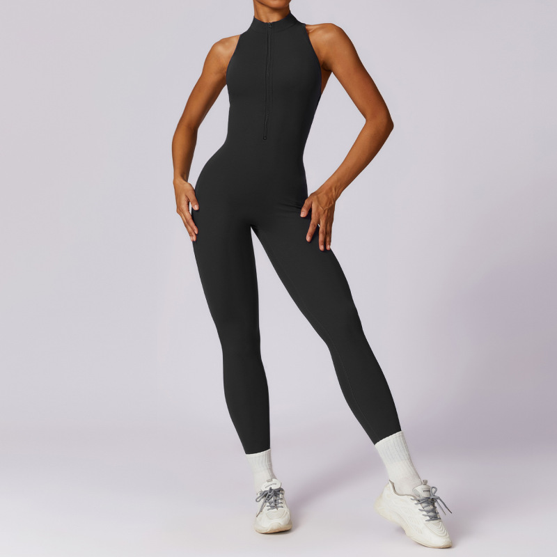 Zechuang Naked Feel Quick-Dry Zipper Backless Yoga Bodysuit High-Intensity Fitness Training Sports Compression Suit 8534