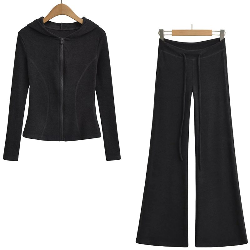 Korean Pink Sports Suit for Women in Autum, Waist-Cinching Hooded Fleece Jacket + Yoga Micro-Flared Pants for Women
