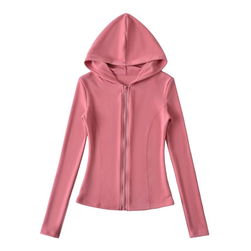 Korean Pink Sports Suit for Women in Autum, Waist-Cinching Hooded Fleece Jacket + Yoga Micro-Flared Pants for Women