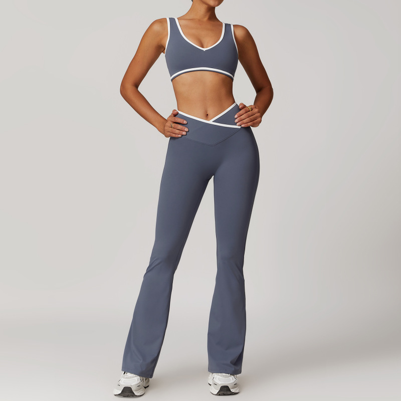 Women's Cross-over High-waisted Sports Suit, Color Block Backless Tight-fitting Yoga Set, Running Fitness Yoga Clothes 8843