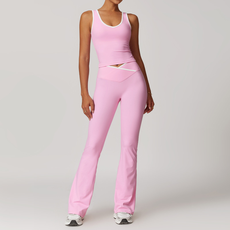 Women's Cross-over High-waisted Sports Suit, Color Block Backless Tight-fitting Yoga Set, Running Fitness Yoga Clothes 8843