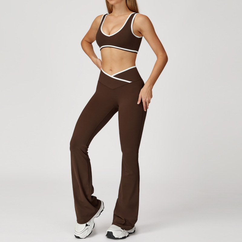Women's Cross-over High-waisted Sports Suit, Color Block Backless Tight-fitting Yoga Set, Running Fitness Yoga Clothes 8843