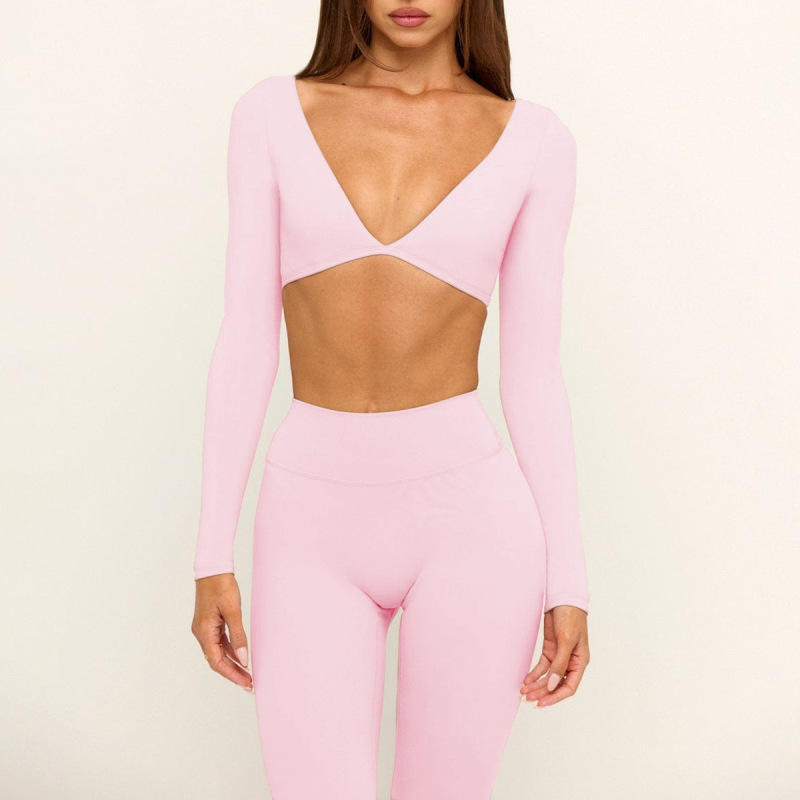 Cross-border yoga sexy deep V long-sleeved top, versatile, quick-drying short yoga wear, women's Pilates sports T-shirt
