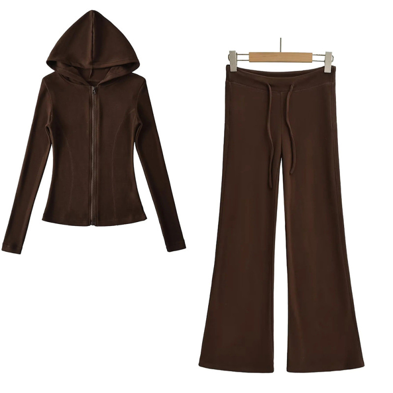 Korean Pink Sports Suit for Women in Autum, Waist-Cinching Hooded Fleece Jacket + Yoga Micro-Flared Pants for Women