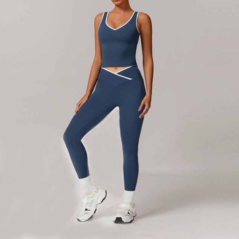 Women's Cross-over High-waisted Sports Suit, Color Block Backless Tight-fitting Yoga Set, Running Fitness Yoga Clothes 8843