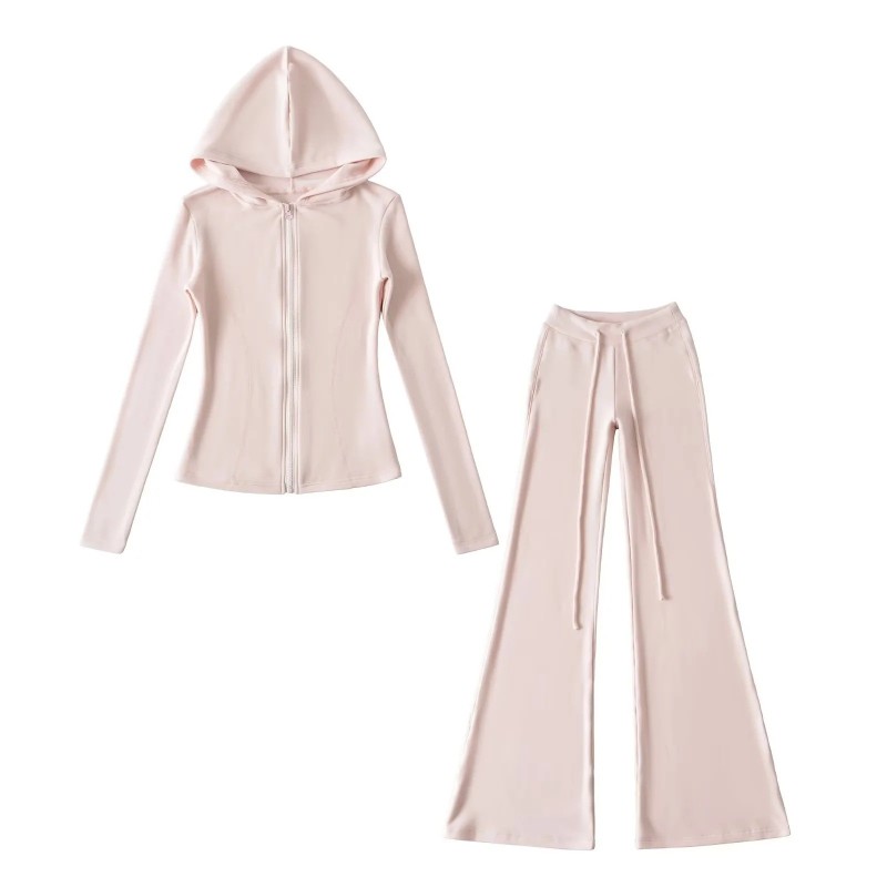 Korean Pink Sports Suit for Women in Autum, Waist-Cinching Hooded Fleece Jacket + Yoga Micro-Flared Pants for Women