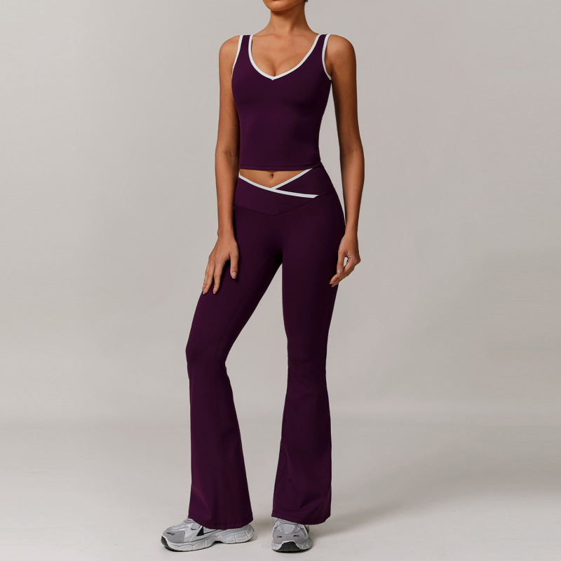 Women's Cross-over High-waisted Sports Suit, Color Block Backless Tight-fitting Yoga Set, Running Fitness Yoga Clothes 8843