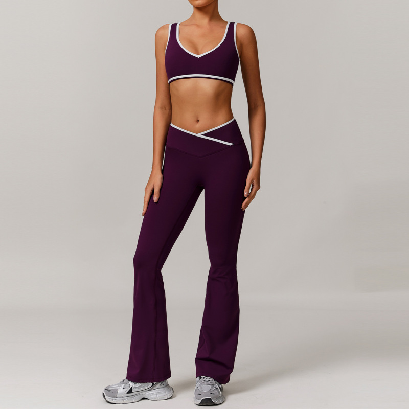 Women's Cross-over High-waisted Sports Suit, Color Block Backless Tight-fitting Yoga Set, Running Fitness Yoga Clothes 8843