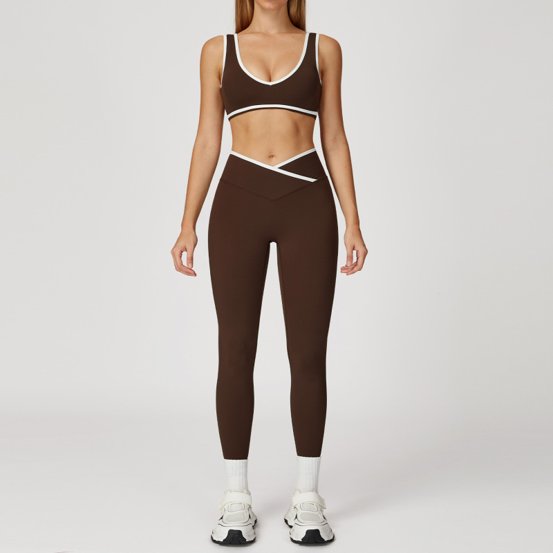 Women's Cross-over High-waisted Sports Suit, Color Block Backless Tight-fitting Yoga Set, Running Fitness Yoga Clothes 8843