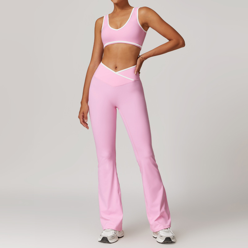 Women's Cross-over High-waisted Sports Suit, Color Block Backless Tight-fitting Yoga Set, Running Fitness Yoga Clothes 8843