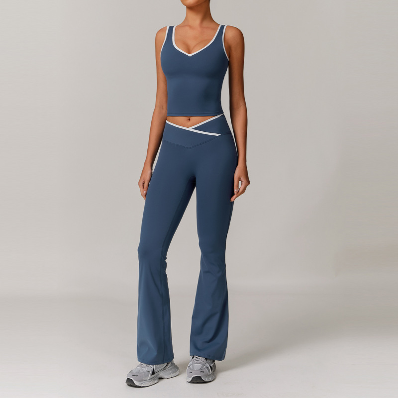 Women's Cross-over High-waisted Sports Suit, Color Block Backless Tight-fitting Yoga Set, Running Fitness Yoga Clothes 8843