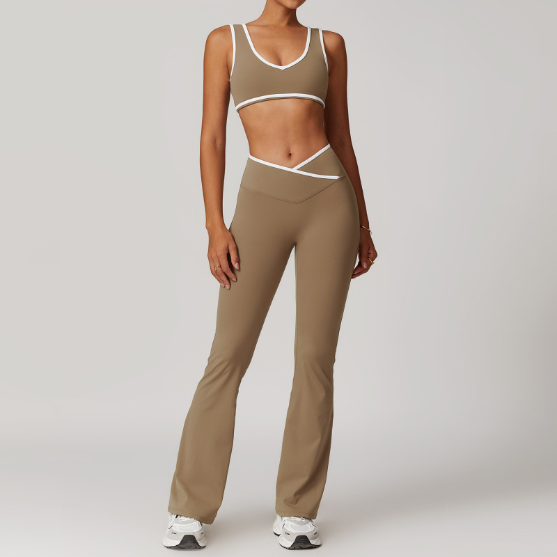 Women's Cross-over High-waisted Sports Suit, Color Block Backless Tight-fitting Yoga Set, Running Fitness Yoga Clothes 8843