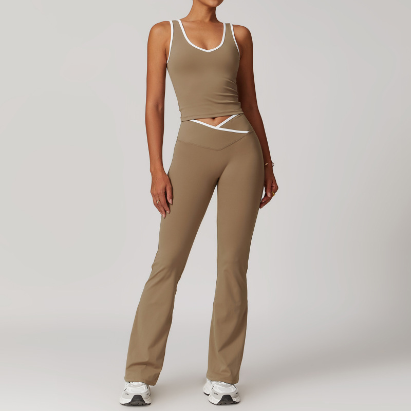 Women's Cross-over High-waisted Sports Suit, Color Block Backless Tight-fitting Yoga Set, Running Fitness Yoga Clothes 8843