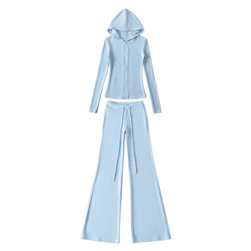 Korean Pink Sports Suit for Women in Autum, Waist-Cinching Hooded Fleece Jacket + Yoga Micro-Flared Pants for Women