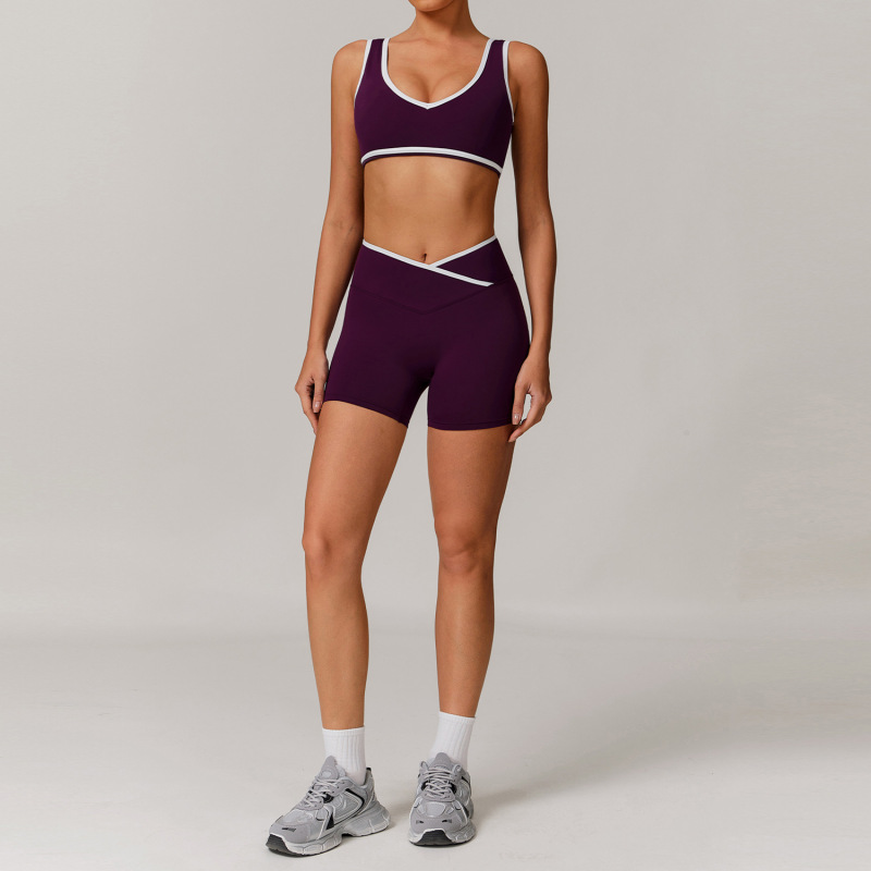 Women's Cross-over High-waisted Sports Suit, Color Block Backless Tight-fitting Yoga Set, Running Fitness Yoga Clothes 8843