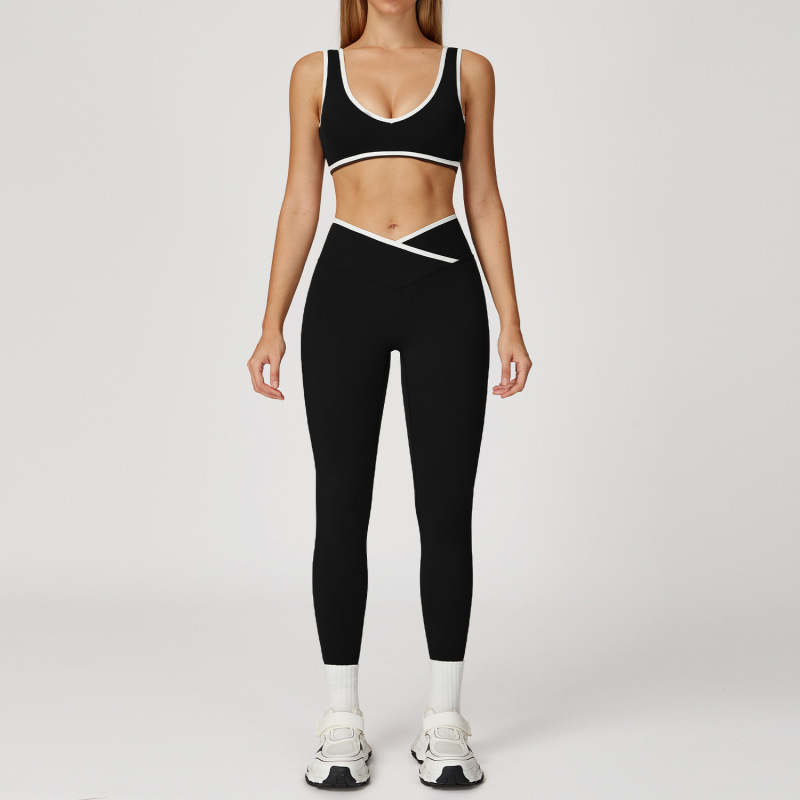 Women's Cross-over High-waisted Sports Suit, Color Block Backless Tight-fitting Yoga Set, Running Fitness Yoga Clothes 8843