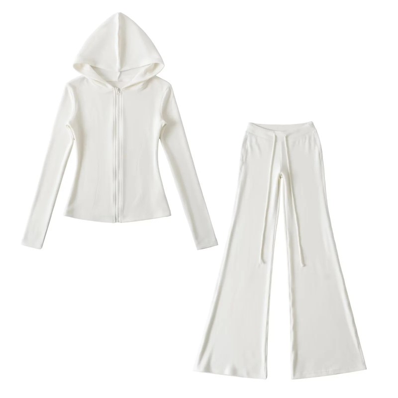 Korean Pink Sports Suit for Women in Autum, Waist-Cinching Hooded Fleece Jacket + Yoga Micro-Flared Pants for Women
